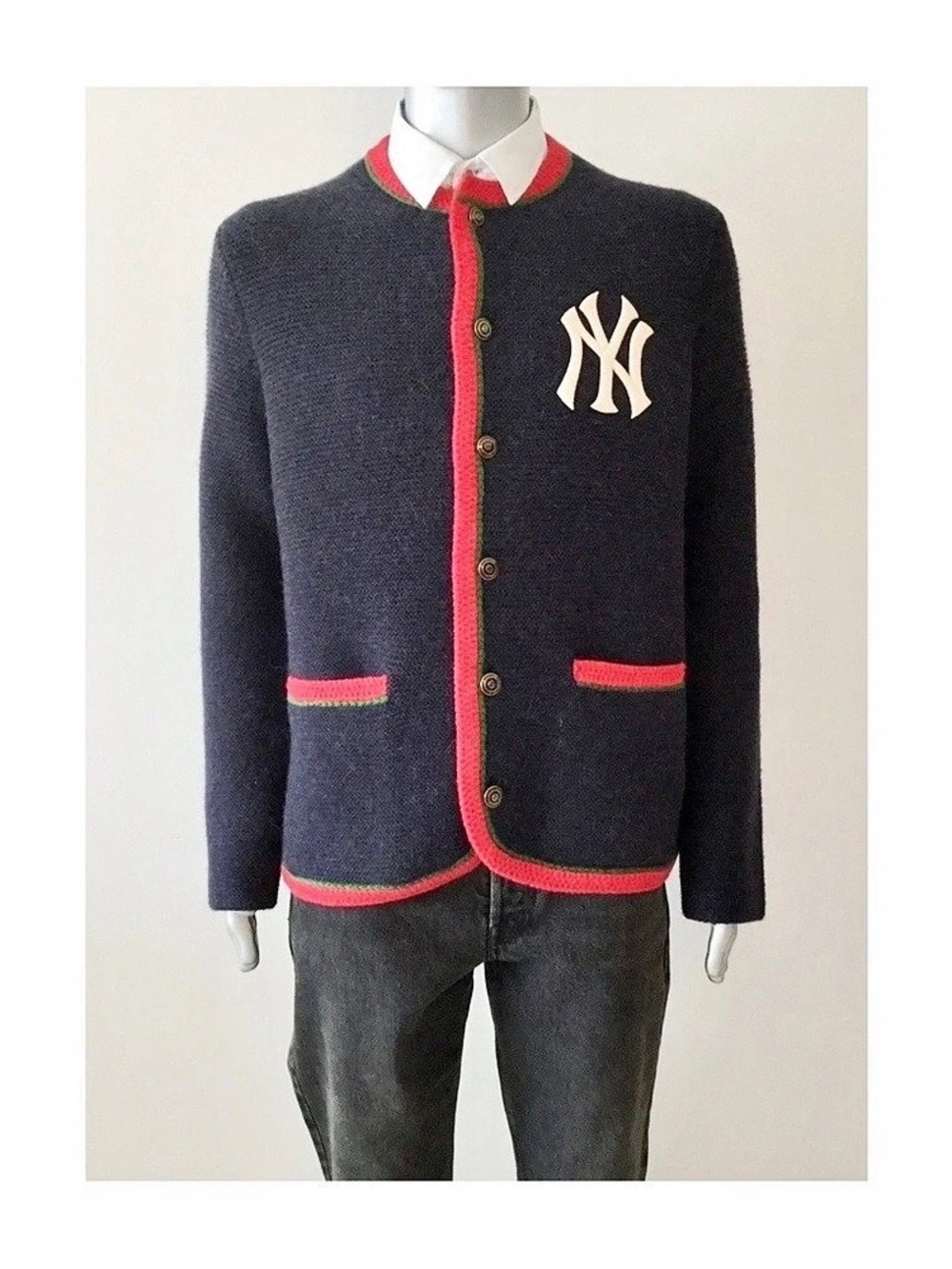 Gucci x MLB New York Yankees Alpaca Wool Cardigan -Sz L - Ink Navy/ Red
